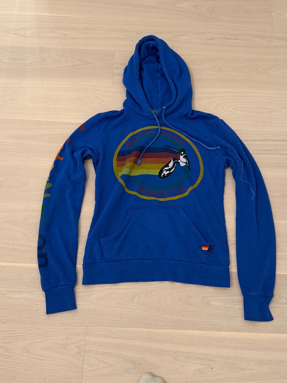 Aviator Nation Royal Blue Pullover Hoodie with Rainbow Graphic